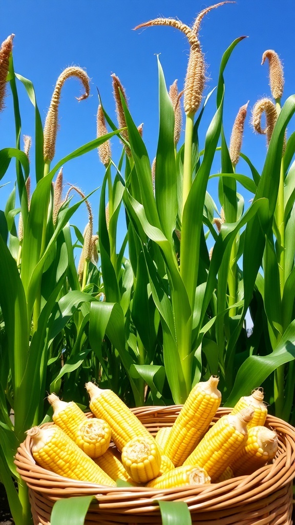 Corn Garden: Growing Sweet Corn at Home A lush corn garden with tall stalks and a basket of harvested corn.